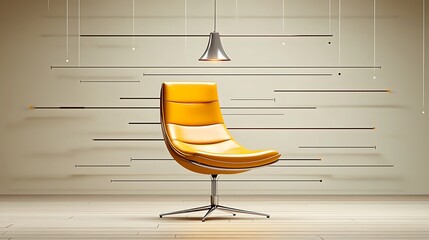 Modern yellow chair under a stylish lamp against a minimalist wall with abstract lines