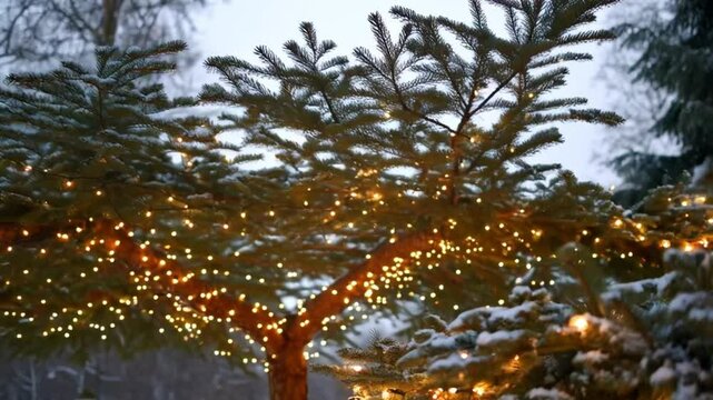A tree goes through changing seasons, snowfall, and tree lighting slow motion