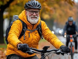 Active Senior Cyclist Enjoying Autumn Ride Explore the joy of outdoor activity with this vibrant image showcasing a senior man cycling through a scenic autumn landscape The crisp air, colorful