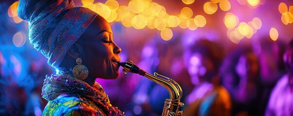 Captivating African American Woman Saxophonist Performing Live Jazz Music at a Vibrant Nightclub with Dynamic Lighting and Energetic Atmosphere Experience the Soulful Sounds and the Electrifying