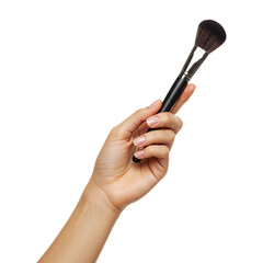 Female hand holding makeup brush isolated on transparent background