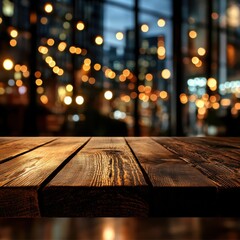 Captivating image showcasing a rustic wooden table against a blurred backdrop of city lights, ideal for restaurants, cafes, bars, and other cozy settings, offering a warm and inviting atmosphere for