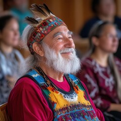 Captivating Close-Up Elder's Joyful Gaze, A Celebration of Life and Wisdom This portrait encapsulates pure joy, featuring an elder with a vibrant headdress, reflecting cultural pride The warmth of