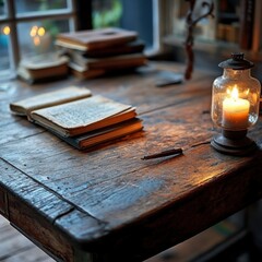 Capture the Cozy Charm of an Antique Desk Explore a scene of inviting tranquility with our captivating image Featuring a weathered wooden desk adorned with vintage books and a softly glowing candle