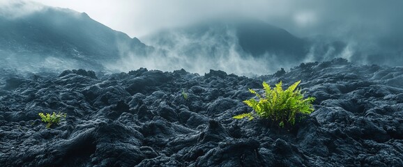 Ferns reclaim volcanic rock in ethereal landscape shrouded in atmospheric mist