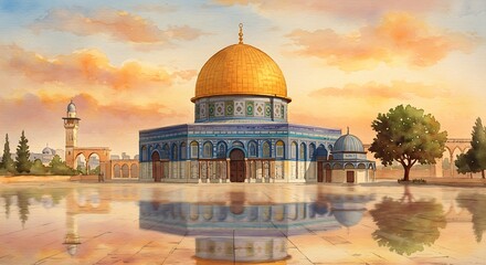Obraz premium Golden Dome Reflecting in Calm Waters, Middle Eastern Architecture at Sunset.