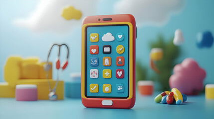 Colorful 3D Render of a Mobile Phone with Healthcare App Icons