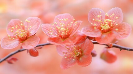 Naklejka premium Delicate peach blossoms in soft focus. Close-up view of flowering branches with vibrant, pastel pink petals and golden stamens