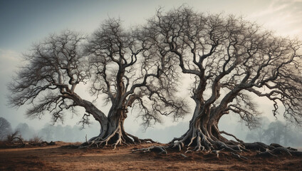 Majestic Leafless Trees with Gnarled Branches in a Winter Scene