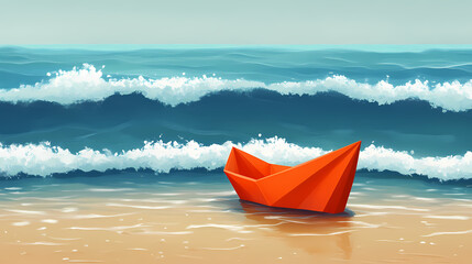 A vibrant orange paper boat bobs serenely in the gentle surf, a nostalgic echo of carefree days by the sea. Echo Surf. Illustration