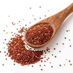 Pile red quinoa in wooden spoon isolated on white, top view