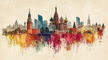Fototapeta premium Watercolor painting of the Moscow skyline features vibrant reflections