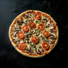 Top View of Fresh Vegetarian Pizza with Mushrooms and Cherry Tomatoes – Classic Italian Style
