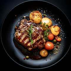 Gourmet Grilled Steak with Baby Potatoes and Tomatoes – Elegant Fine Dining Presentation