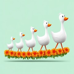 Five White Geese Walking on Orange Flowers Against Light Green Background