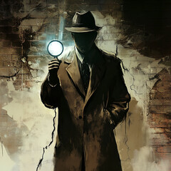 Noir Detective with Magnifying Glass – Gritty Crime Mystery Illustration