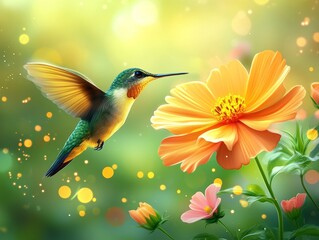 Fototapeta premium The vibrant beauty of a pink flower is on full display, with a hummingbird hovering nearby in a close-up view