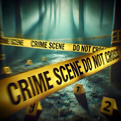 Crime Scene in Foggy Forest – Forensic Investigation and Mystery Concept