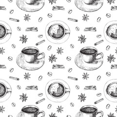 Vector hand drawn seamless pattern with cup of coffee, coffee mug top view, croissant, cinnamon sticks, anises and coffee beans. Can be used on fabrics and paper products and other