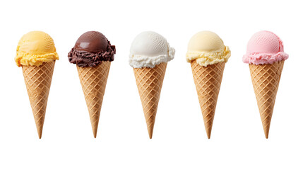 colorful ice cream cones with different flavors on transparent background