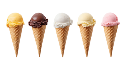 colorful ice cream cones with different flavors on transparent background
