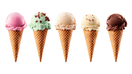 colorful ice cream cones with different flavors on transparent background