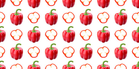 Seamless pattern of whole and sliced red bell peppers on white background