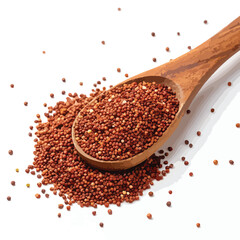 Pile red quinoa in wooden spoon isolated on white, top view