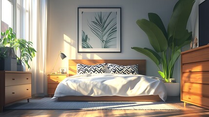 Sunlit Bedroom With Minimalist Decor And Plants
