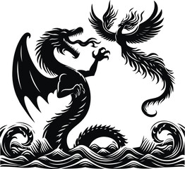 Epic Battle Between Leviathan and Fiery Phoenix in the Sky,  Mythical Creature Showdown