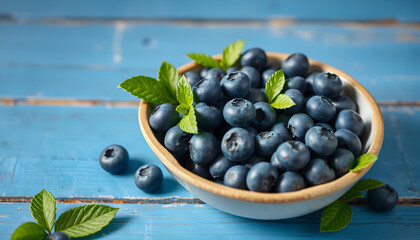 Bowl of fresh blueberries on blue rustic wooden table closeup, flat papercut style. White tone
