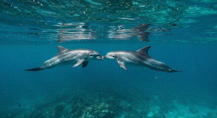 Fototapeta premium Two Dolphins Nuzzling Underwater in Turquoise Ocean Water