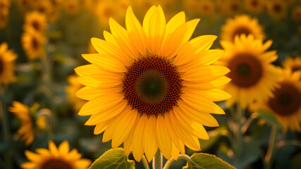 Fototapeta premium Bright Sunflower Flower: Close-up of a sunflower in full bloom, creating a natural abstract background. Summer time. Field of sunflowers in the warm light of the setting sun. Helianthus Generative AI