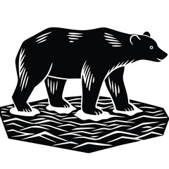 Fototapeta premium Black and White Woodcut Style Illustration of a Polar Bear on Ice Floe, Endangered Species, Arctic Wildlife, Climate Change Awareness Art