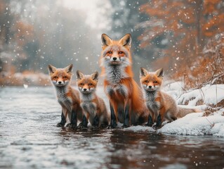 Fototapeta premium Playful young foxes bring a den to life with their energetic frolicking, creating a vibrant wildlife scene