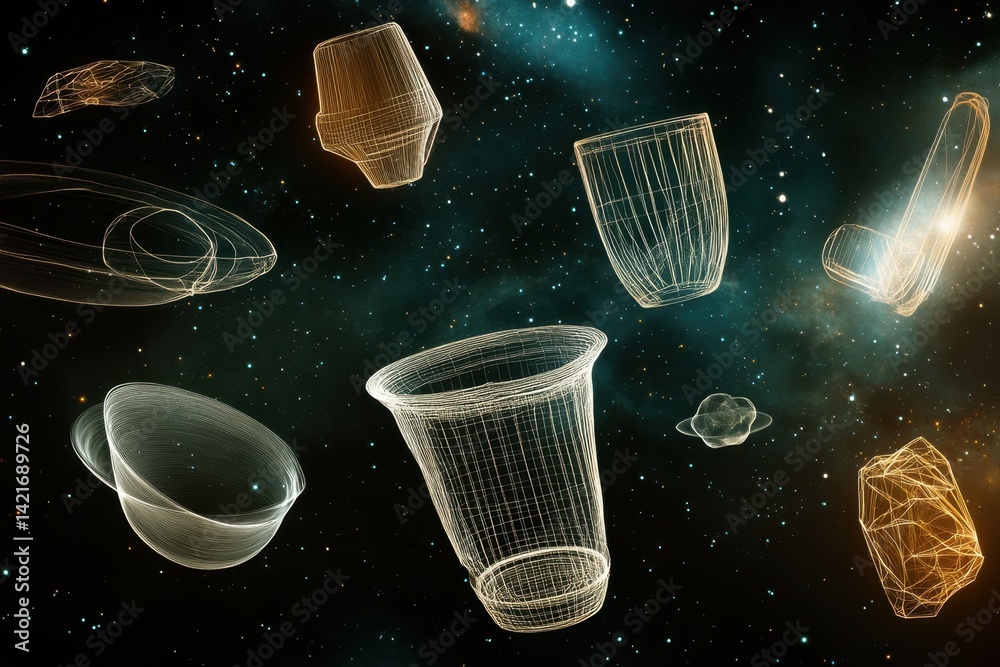 Poster exploration of wireframe objects floating in a cosmic space environment