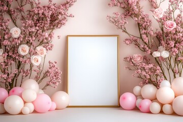 A soft pastel wall, a blank message board, pastel balloons and gypsophila. Generative AI