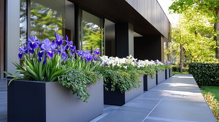 Fototapeta premium Modern home exterior with irises and lilies in planters