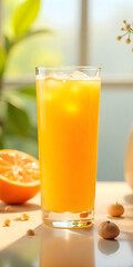 Fototapeta premium Fresh Orange Juice with Sliced Oranges on Wooden Table in Sunny Light