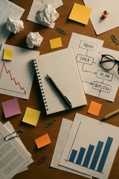 Top view of a cluttered desk with notes, charts, stationery, and crumpled papers showing a chaotic work process.