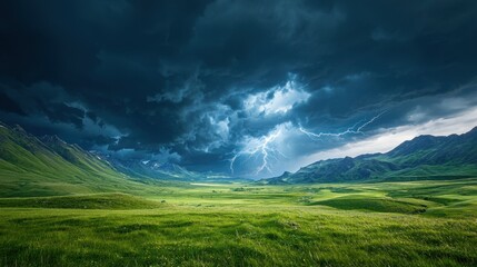Dramatic landscape with dark storm clouds and lightning illuminating a vibrant green valley.