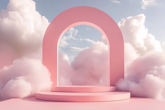 
A pink podium with an arched background and clouds, featuring a pastel color scheme, minimalistic design,
