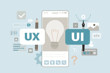 Light bulb on smartphone screen. Searching new ideas in app development and ui ux design. Designing interface for apps. Mobile applications customization and optimization.
