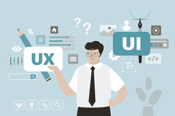 Smart man is engaged in creation of mobile app. Male character designer at work, ui and ux development. User experience, web interface design. Creating digital graphic layout,