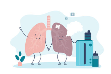 Vaping leads to disease, cancer. Happy healthy lung, sick unhappy lung mascot holding e-cigarette or vape device. Internal organ need medical help.