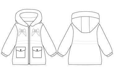Baby girl Hooded Puffer Coat vector illustration Front and back views 