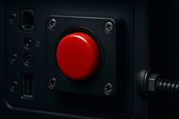 Close-up of a modern red emergency stop button on a black industrial control panel.