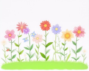 Fototapeta premium A vibrant anime illustration of a neat row of different stylized flowers in various bright colors interspersed with simple green grass blades, arranged horizontally against a clean white background. E