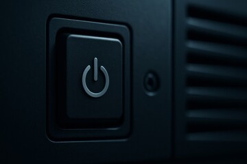 Close-up of a modern power button on a dark electronic device, symbolizing control, technology, and energy.