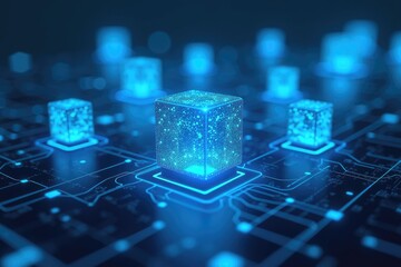 Futuristic Digital Cubes with Holographic Technology and Blockchain Concept in a Cyberpunk Aesthetic